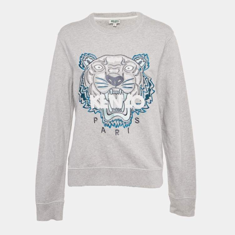 Pre Owned Kenzo Grey Tiger Embroidered Cotton Sweatshirt L