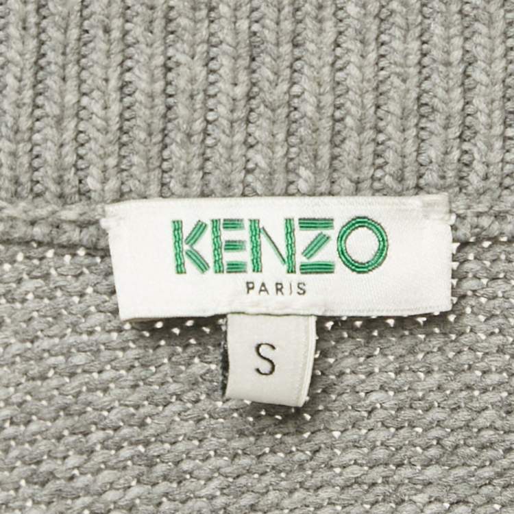 Pre Owned Kenzo Grey Logo Intarsia Knit Pocketed Zip Front Jacket S