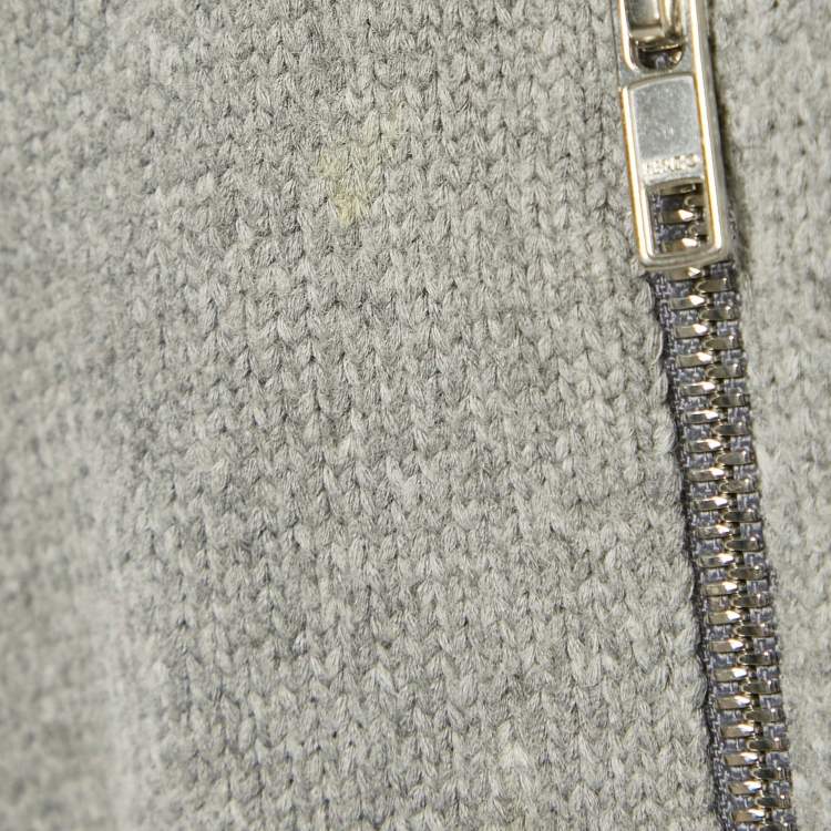 Pre Owned Kenzo Grey Logo Intarsia Knit Pocketed Zip Front Jacket S