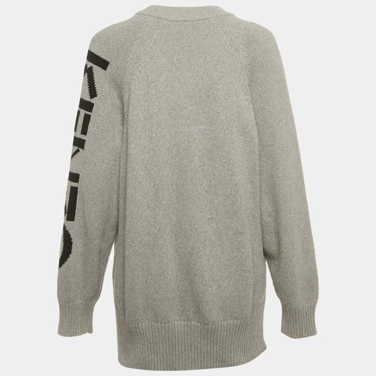 Pre Owned Kenzo Grey Logo Intarsia Knit Pocketed Zip Front Jacket S