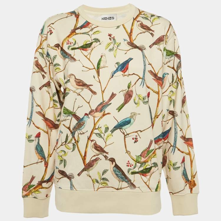 Pre Owned Kenzo Beige Bird Print Cotton Crewneck Sweatshirt M