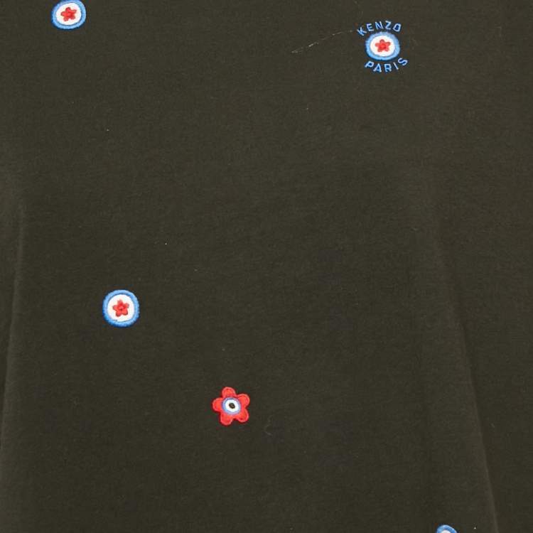 Pre Owned Kenzo Black Cotton Knit Flower Embroidered T-Shirt L