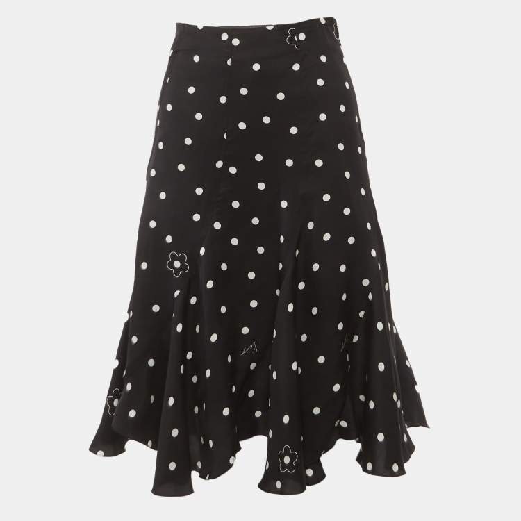 Pre Owned Kenzo Black Polka Dot Satin Flared Midi Skirt S