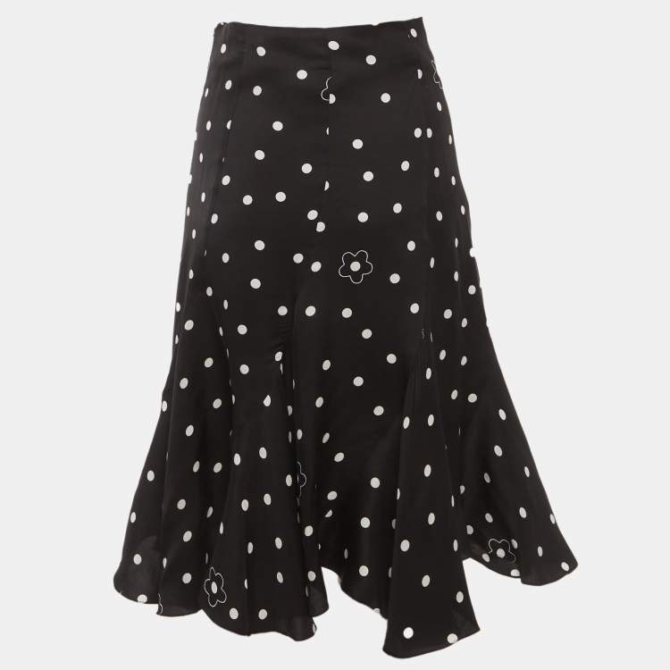 Pre Owned Kenzo Black Polka Dot Satin Flared Midi Skirt S