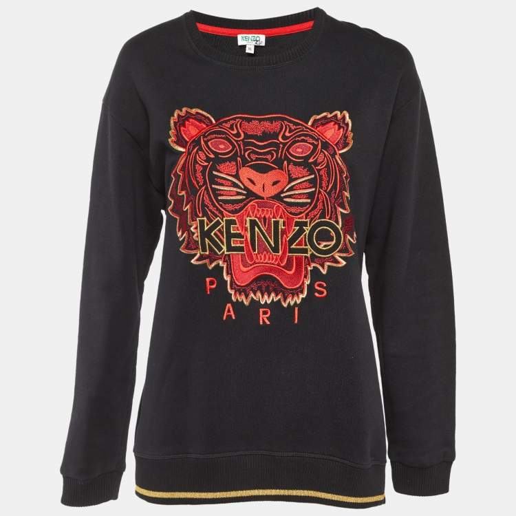 Pre Owned Kenzo Black Tiger Embroidered Cotton Crew Neck Sweatshirt XL