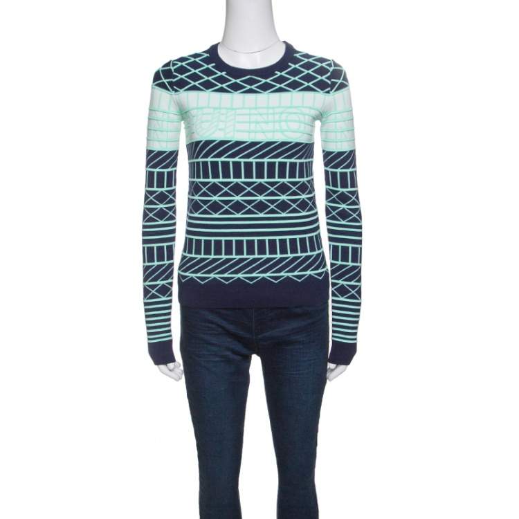 Hoelahoep Gelach pepermunt Kenzo Oui Non Navy Blue and Green Jacquard Knit Sweater XS Kenzo | TLC