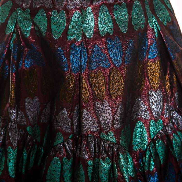Pre Owned Kenzo Metallic Lurex Jacquard Heart Patterned Gathered Mini Skirt M