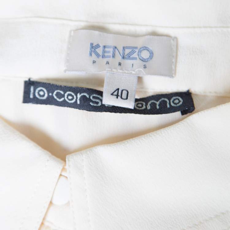Pre Owned Kenzo Cream Ruffled Trim Detail Long Sleeve Silk Blouse M
