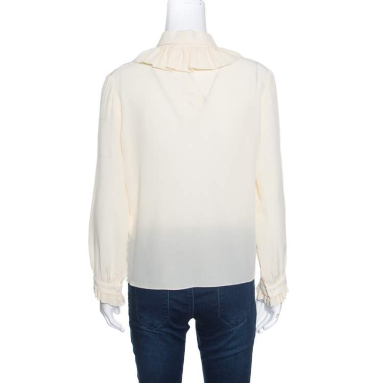 Pre Owned Kenzo Cream Ruffled Trim Detail Long Sleeve Silk Blouse M