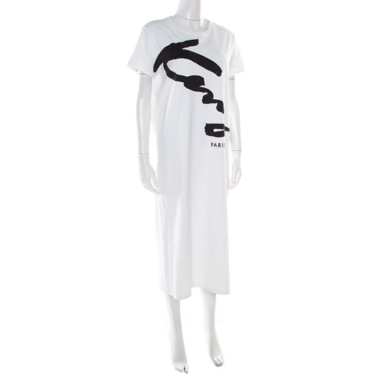 Pre Owned Kenzo White Cotton Signature Print Midi Dress M