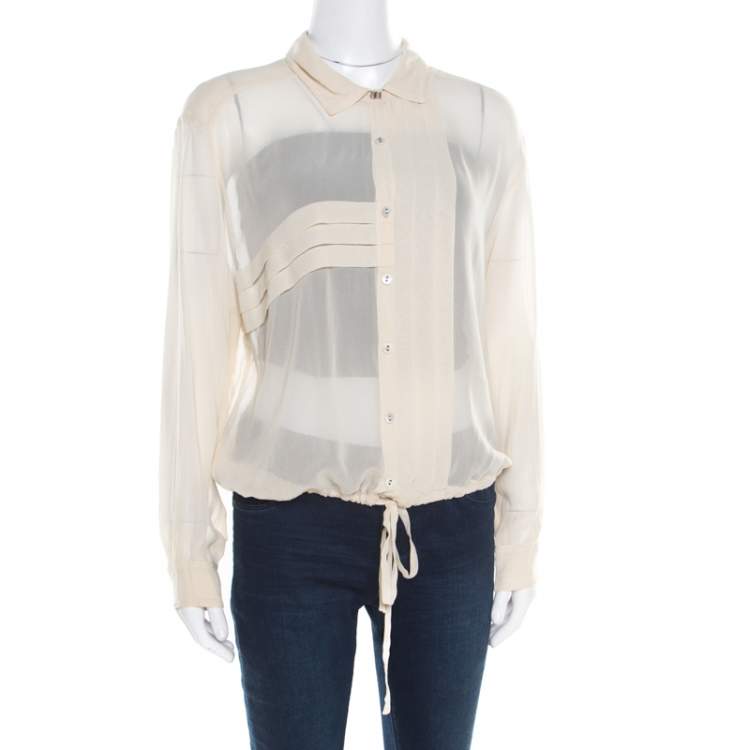 Pre Owned Kenzo Beige Pleated Waist Tie Detail Long Sleeve Blouse XL