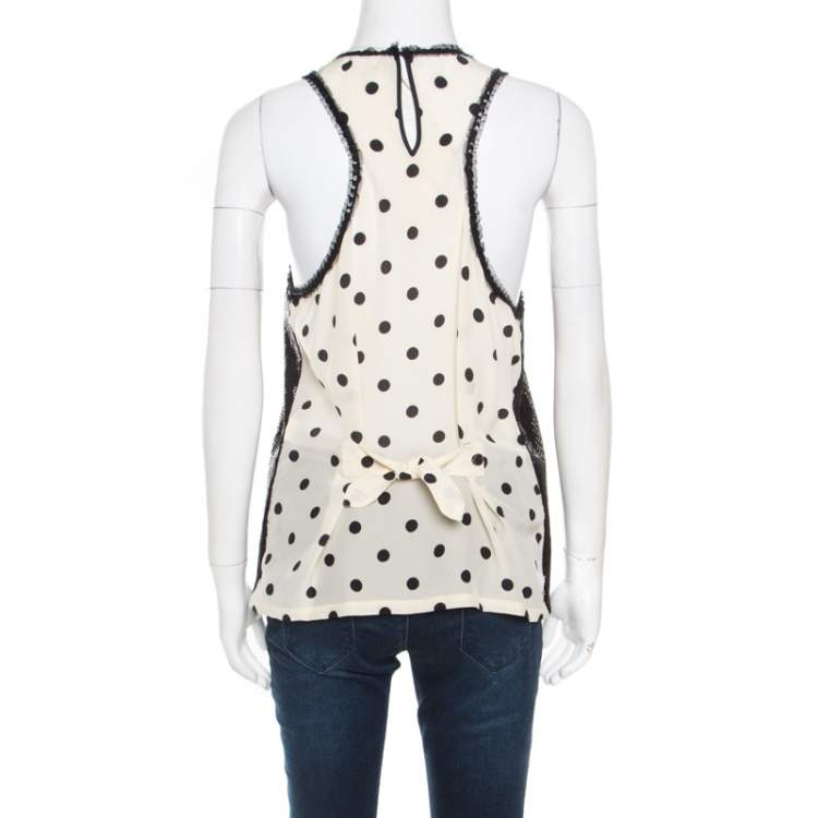 Pre Owned Kenzo Monochrome Sequined Front Polka Dotted Racer Back Top L