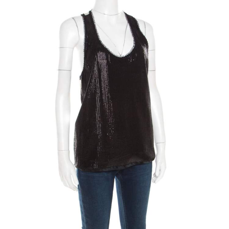 Pre Owned Kenzo Monochrome Sequined Front Polka Dotted Racer Back Top L
