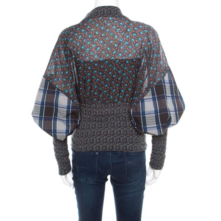 Pre Owned Kenzo Multicolor Floral and Checked Print Blouson Top S