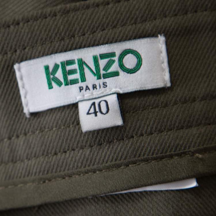 Pre Owned Kenzo Military Green Zip Front Midi Skirt M