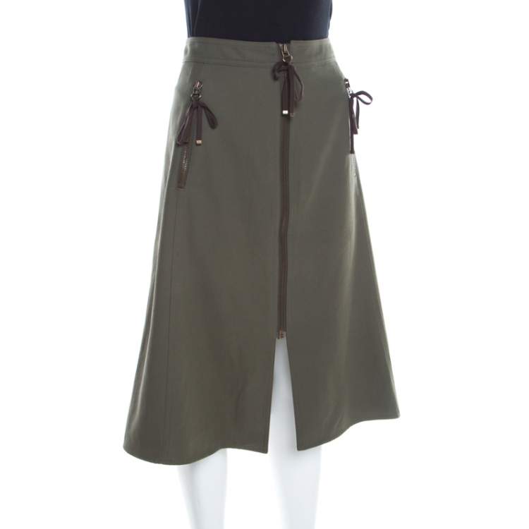 Pre Owned Kenzo Military Green Zip Front Midi Skirt M