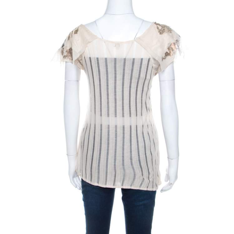 Pre Owned Kenzo Buttercream Foil Print Striped Knit Layered Tulle Sleeve Top XL