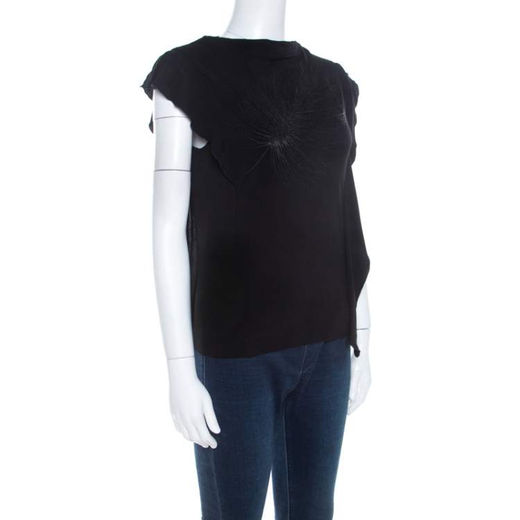 Pre Owned Kenzo Black  Embroidered Stretch Jersey Ruffle Detail Top M 