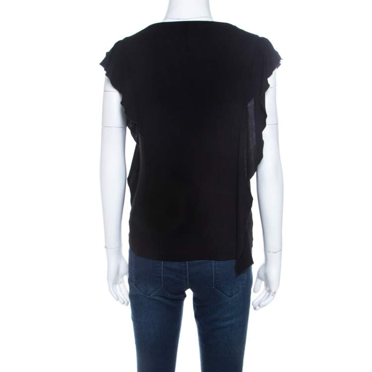 Pre Owned Kenzo Black  Embroidered Stretch Jersey Ruffle Detail Top M 