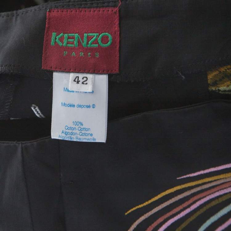 Pre Owned Kenzo Black Floral Embellished Cotton High Waist Straight Fit Trousers L