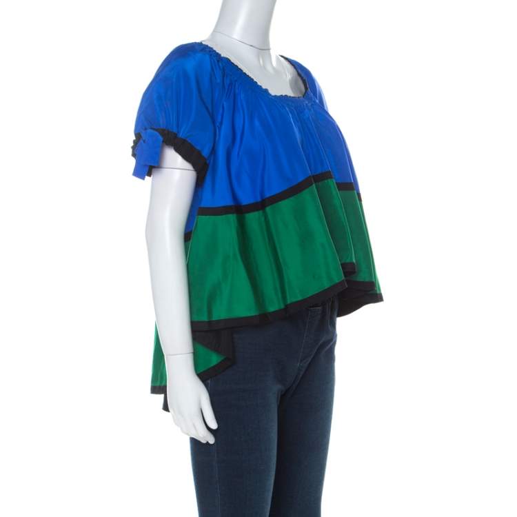 Pre Owned Kenzo Blue Black and Green Color Block Off Shoulder Top M 