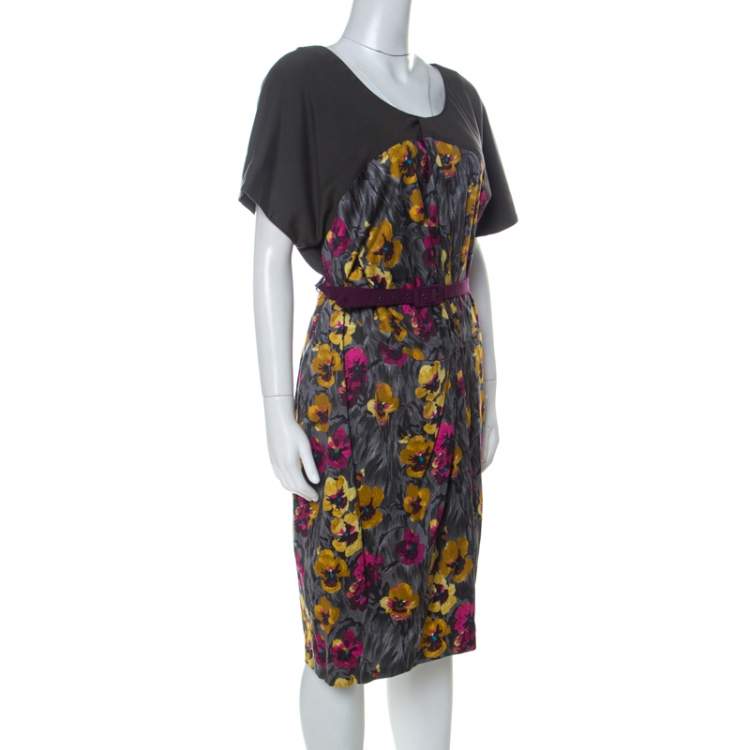 Pre Owned Kenzo Grey Floral Brushstroke Print Stretch Cotton Belted Dress M