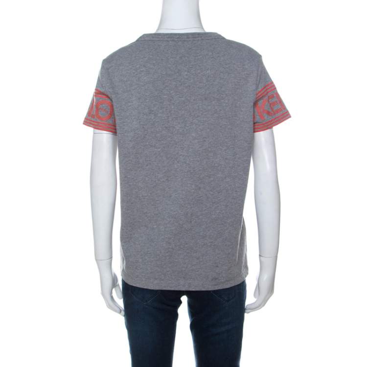 Pre Owned Kenzo Grey Printed Sleeve Cotton T Shirt M
