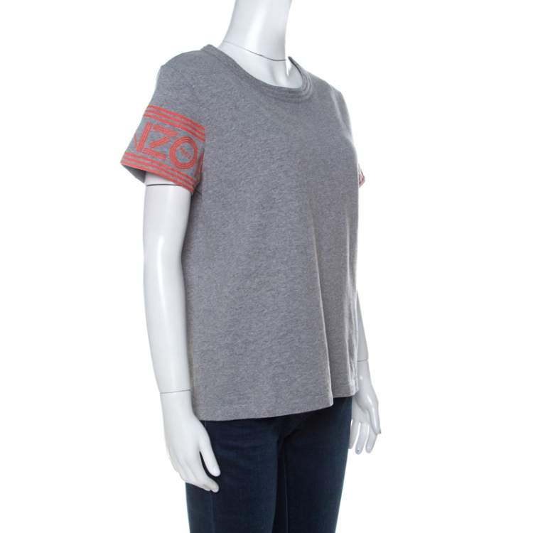 Pre Owned Kenzo Grey Printed Sleeve Cotton T Shirt M