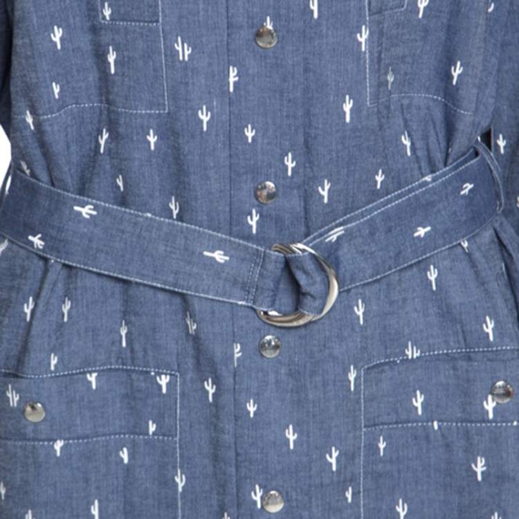 Pre Owned Kenzo Blue Denim Cactus Print Belted Shirt Dress L