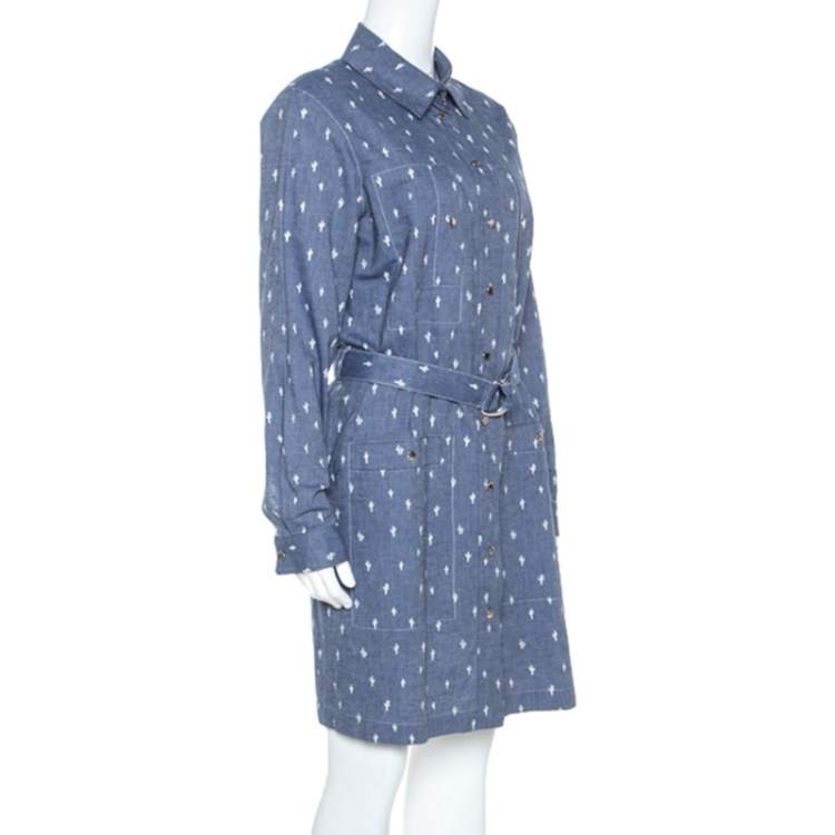 Pre Owned Kenzo Blue Denim Cactus Print Belted Shirt Dress L