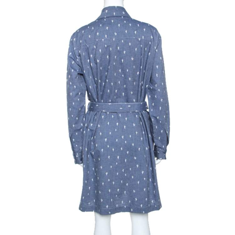 Pre Owned Kenzo Blue Denim Cactus Print Belted Shirt Dress L