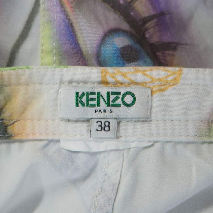 Pre Owned Kenzo White Printed Cotton Visage Button Down Skirt M