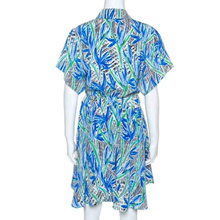 Pre Owned Kenzo Multicolor Printed Silk Short Sleeve Belted Shirt Dress M