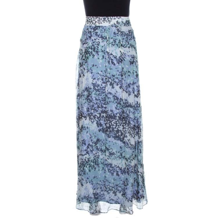 Pre Owned Kenzo Blue Abstract Print Silk Plisse Skirt L