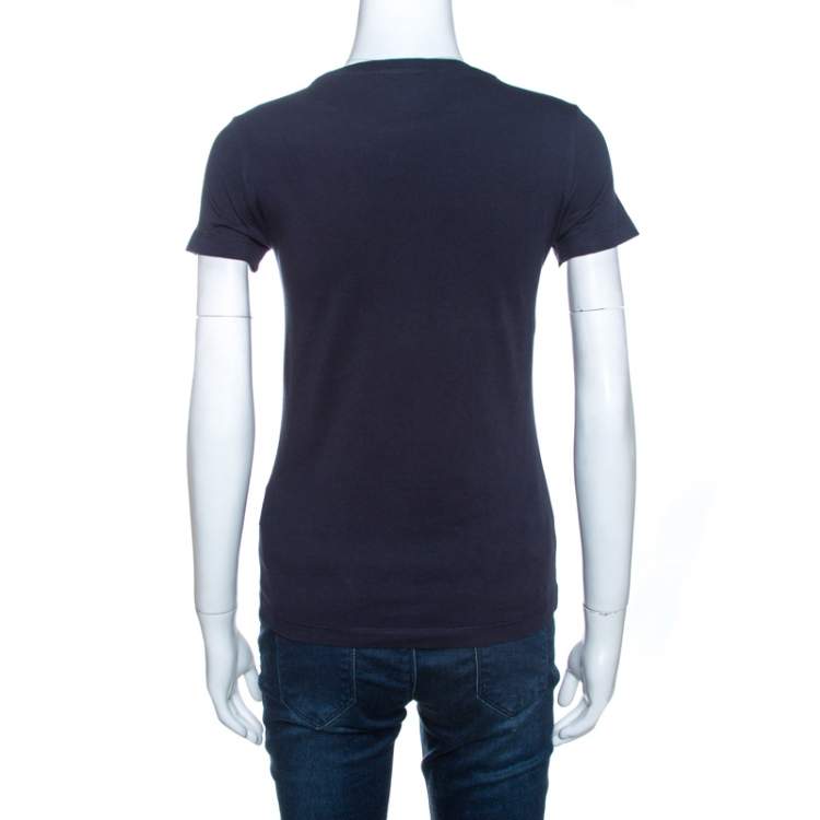 Pre Owned Kenzo Navy Blue Floral Logo Print Short Sleeve T-Shirt XS