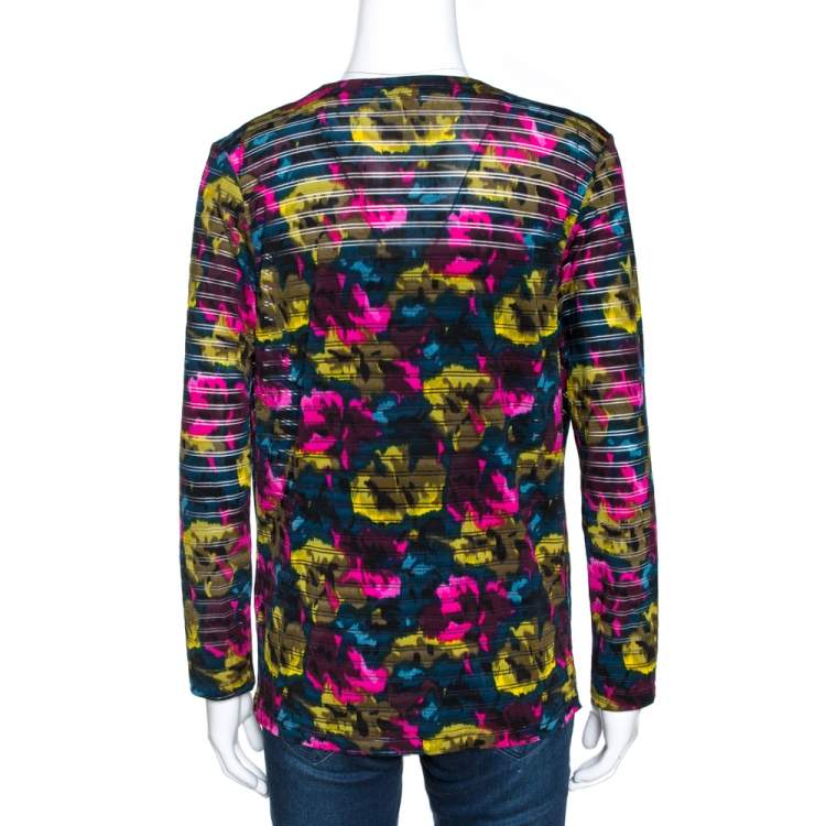 Pre Owned Kenzo Multicolor Printed Silk Asymmetric Draped Neck Top XL