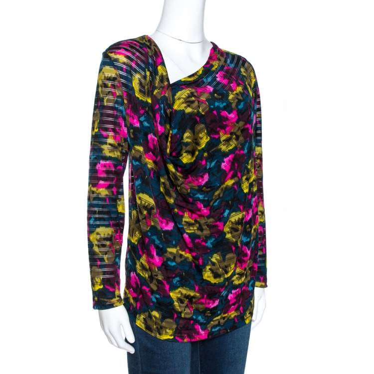 Pre Owned Kenzo Multicolor Printed Silk Asymmetric Draped Neck Top XL