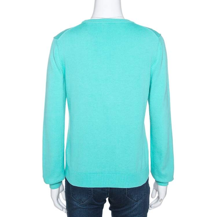 Pre Owned Kenzo Aqua Blue Paris Intarsia Knit Long Sleeve Jumper L