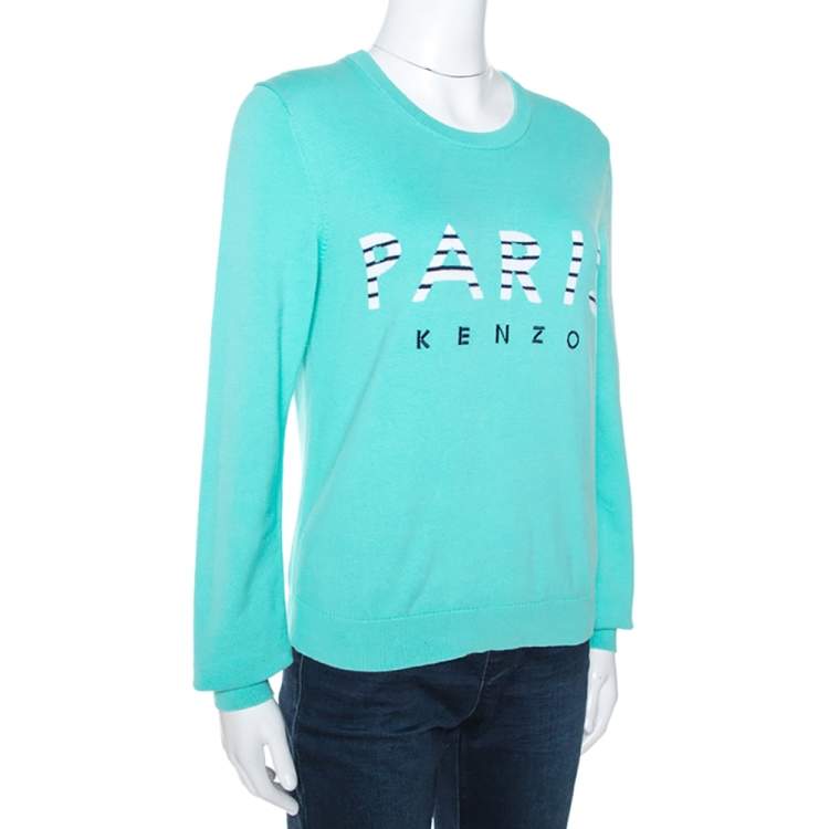 Kenzo Aqua Blue Paris Intarsia Knit Long Sleeve Jumper L Kenzo TLC