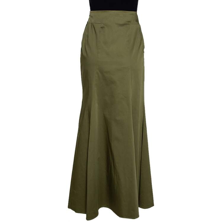 Pre Owned Kenzo Olive Green Stretch Cotton Flared Maxi Skirt S
