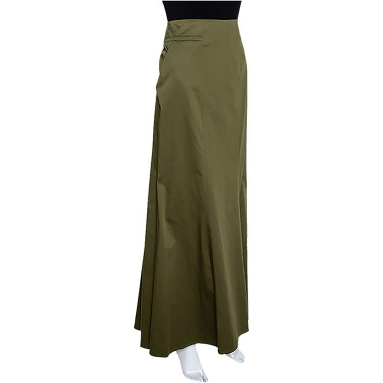 Pre Owned Kenzo Olive Green Stretch Cotton Flared Maxi Skirt S
