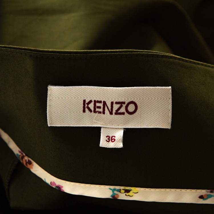 Pre Owned Kenzo Olive Green Stretch Cotton Flared Maxi Skirt S