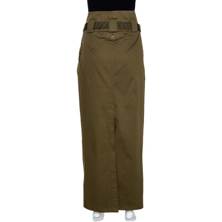 Pre Owned Kenzo Olive Green Stretch Cotton Belted Maxi Skirt S