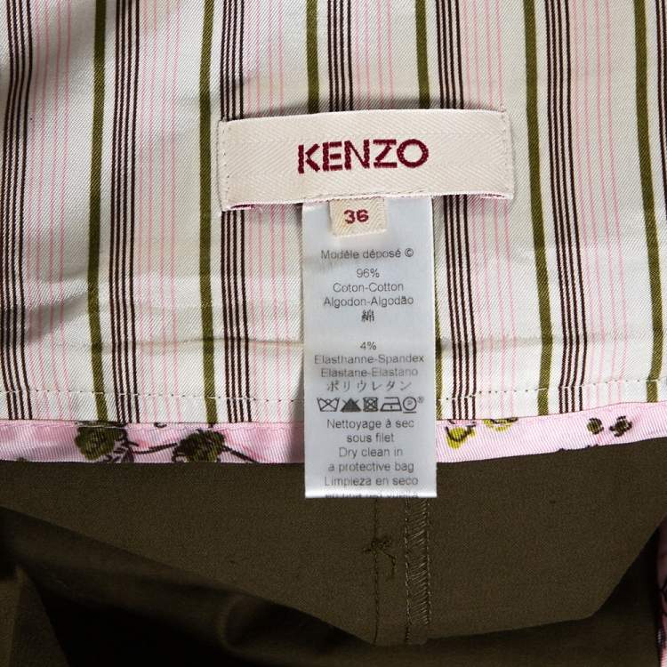 Pre Owned Kenzo Olive Green Stretch Cotton Belted Maxi Skirt S