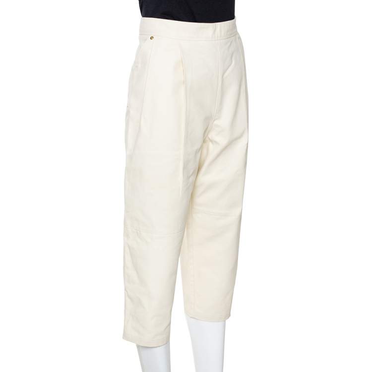 Pre Owned Kenzo Cream Textured Cotton High Waisted Cropped Pants M