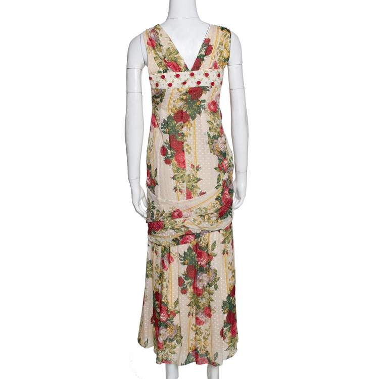 Pre Owned Kenzo Beige Polka Textured Floral Print Silk Draped Maxi Dress S