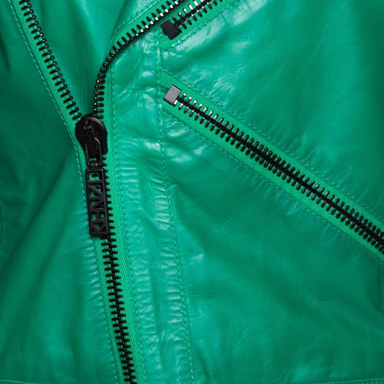 Pre Owned  Kenzo Green Eye Embroidered Leather Zip Front Jacket S