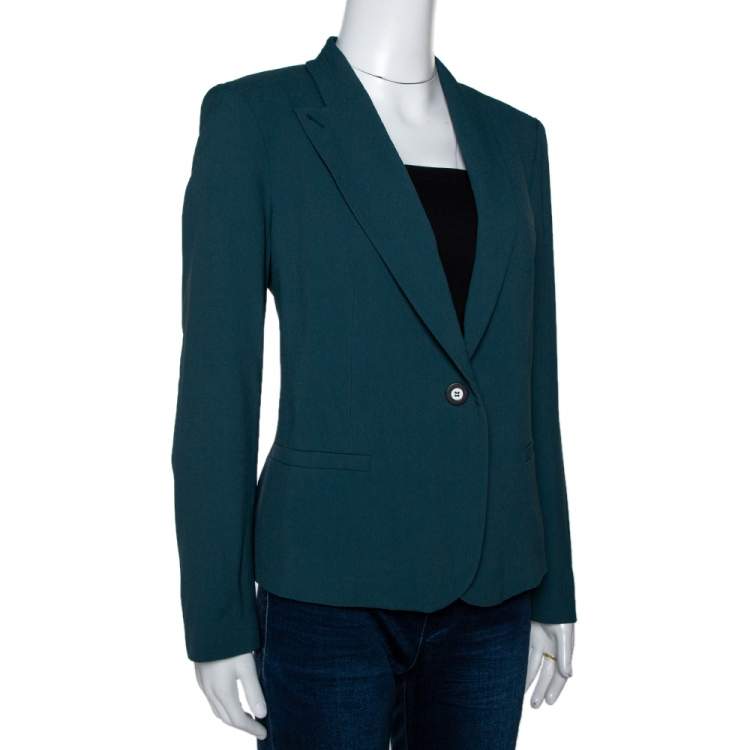 Pre Owned Kenzo Forest Green Crepe Gathered Detail Single Button Blazer M 