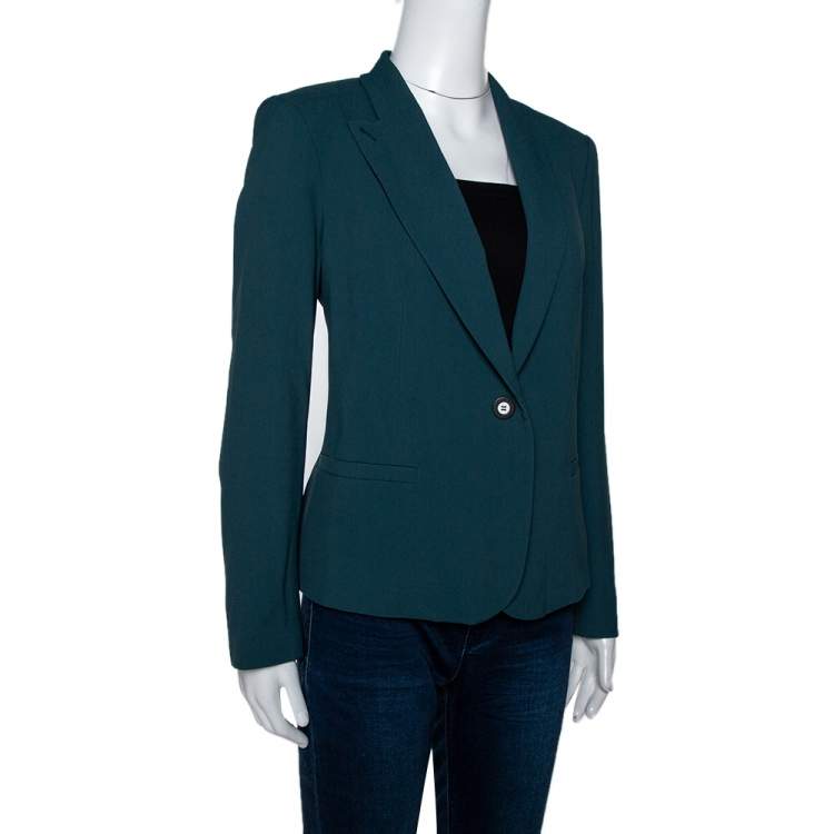 Pre Owned Kenzo Forest Green Crepe Gathered Detail Single Button Blazer L