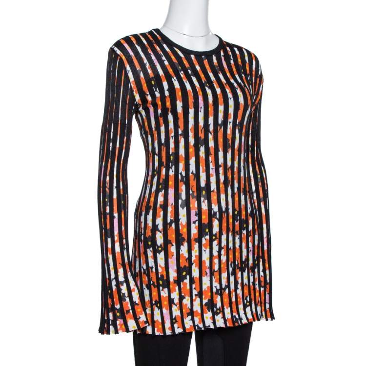 Pre Owned Kenzo Black Jackie Flowers Print Knit Pleated Long Sleeve Top XS